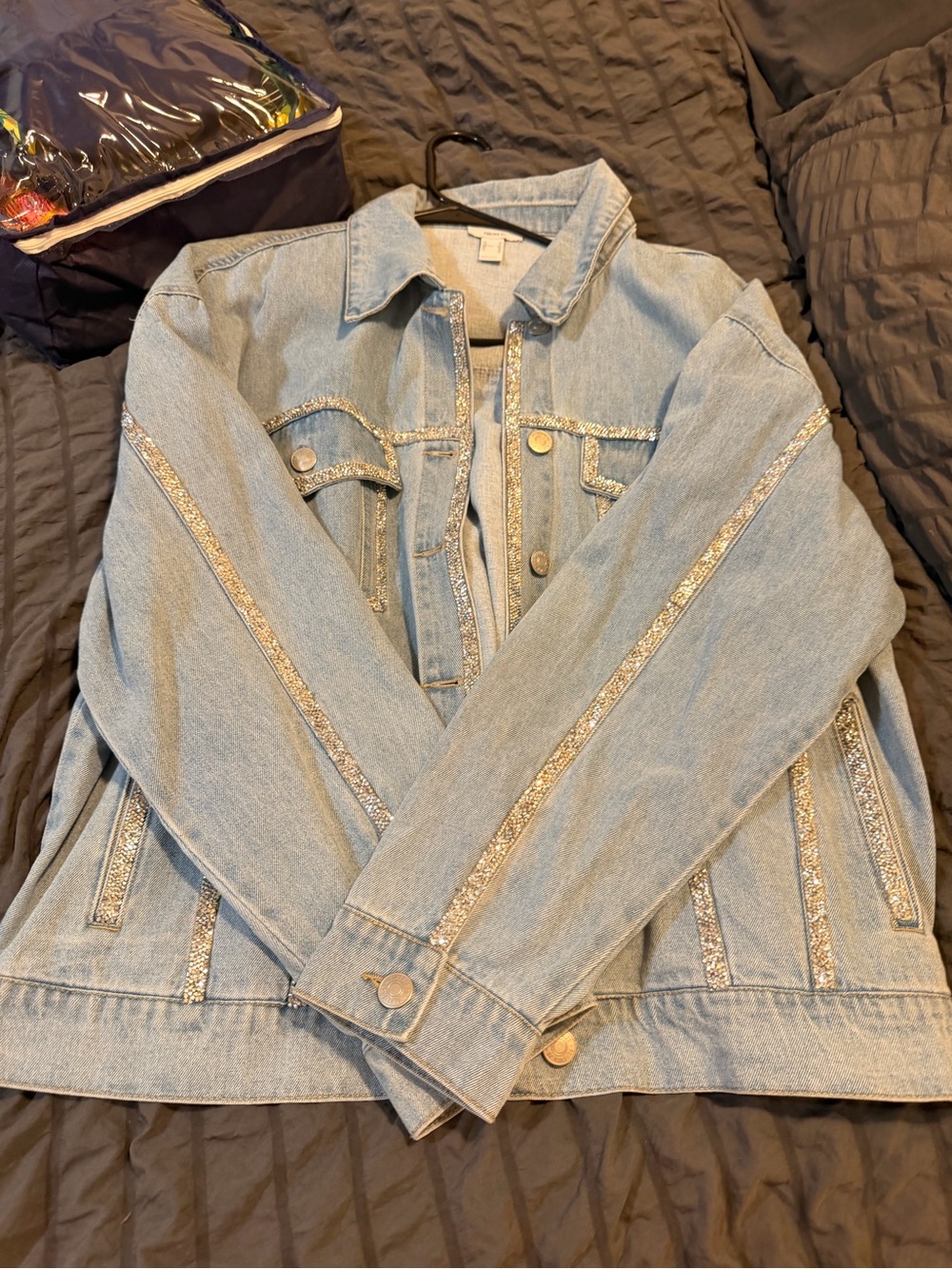 Light Blue Denim Jacket with Silver Sequin Trim crystals